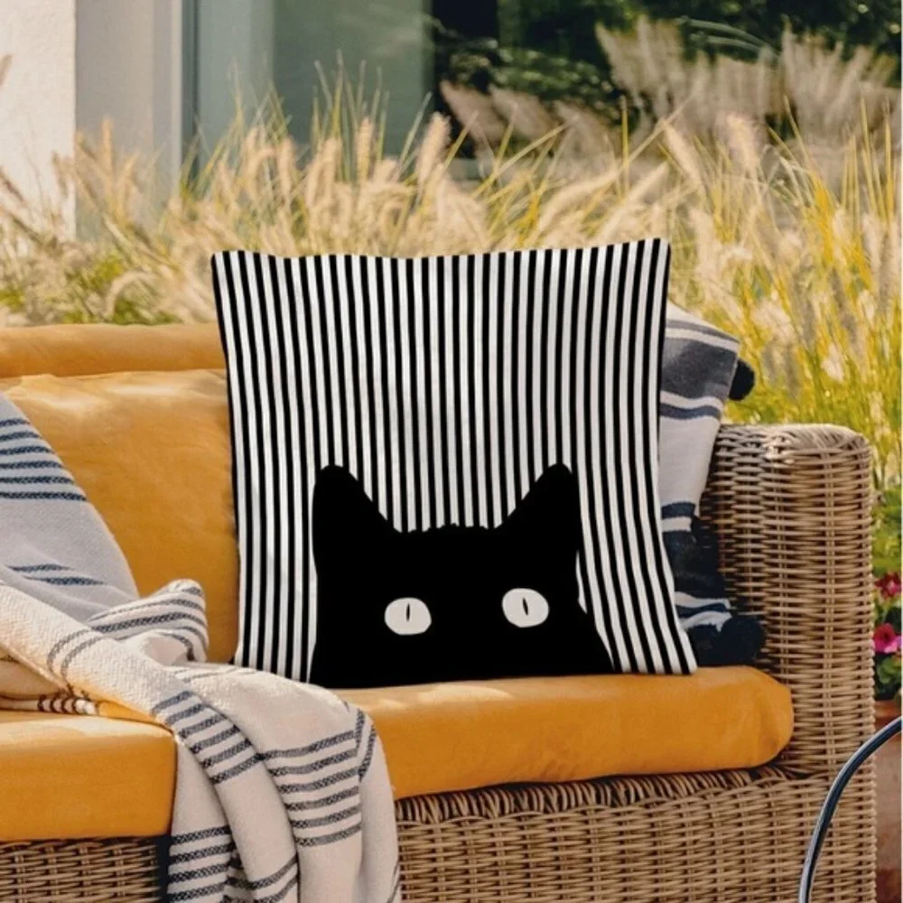 Cat Theme Pillow Cover Zippered Decorative Square Black White 17.7 in X 17.7 in
